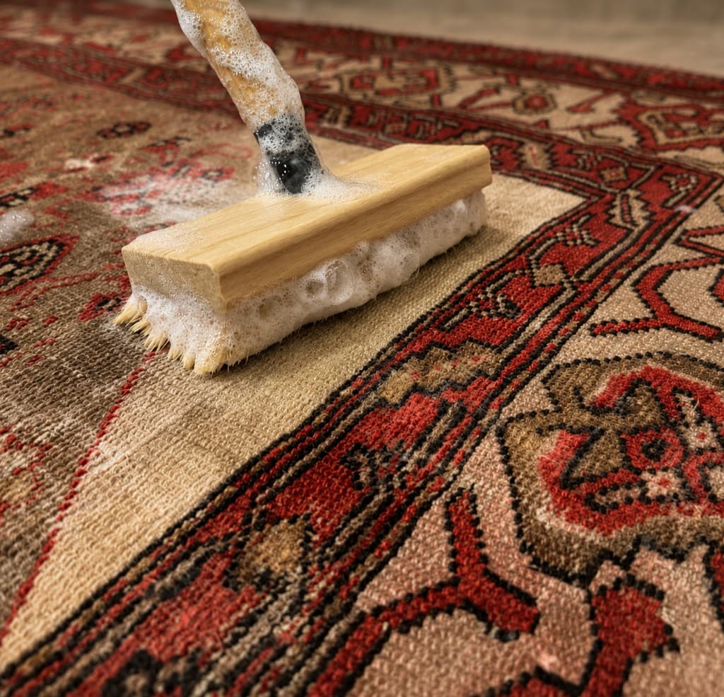 Hand scrubbing an oriental rug with soap suds during professional cleaning