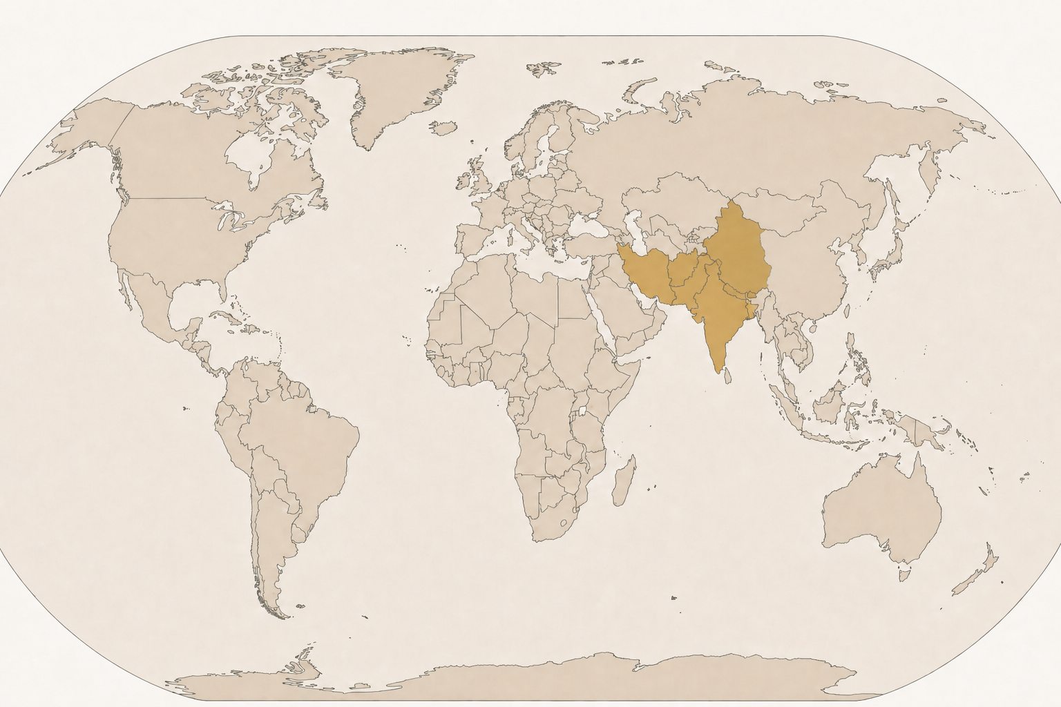 World map highlighting Iran (Persia), India, Pakistan, and Afghanistan
