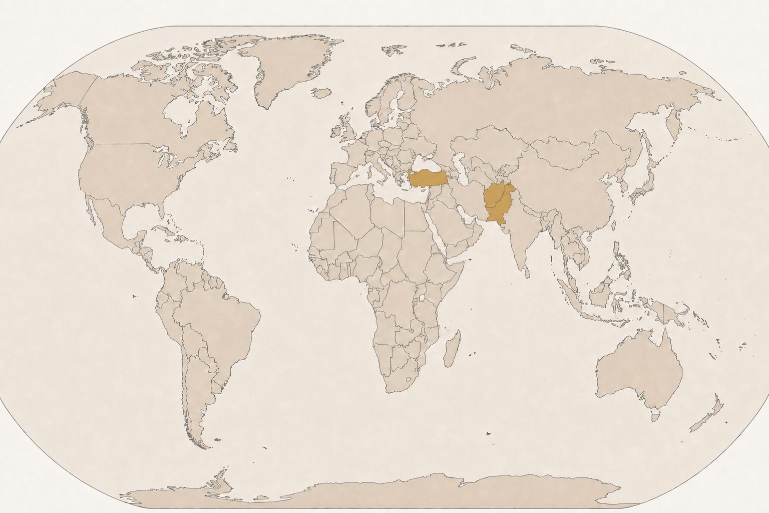 World map highlighting Turkey, Afghanistan, and Pakistan
