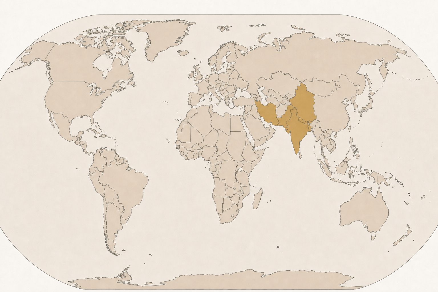 World map highlighting Iran (Persia), India, and Pakistan